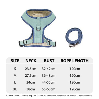 Tableau des tailles du petit harnais avec laisse bleu clair est bleu foncé de boutiquechien