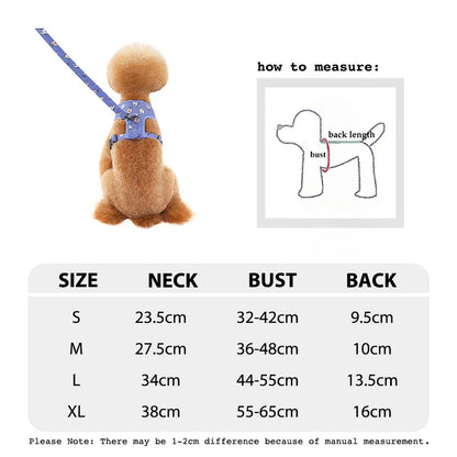 Tableau des tailles du petit harnais avec laisse bleu et fantôme de boutiquechien bleu