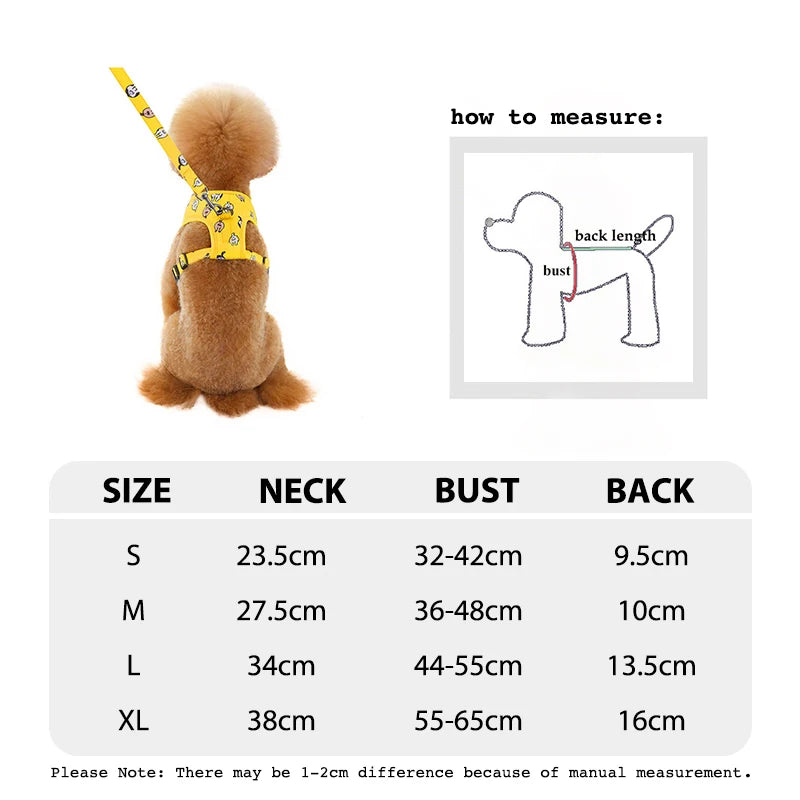 Tableau des tailles du petit harnais avec laisse jaune avec fantôme de boutiquechien en forme de tableau
