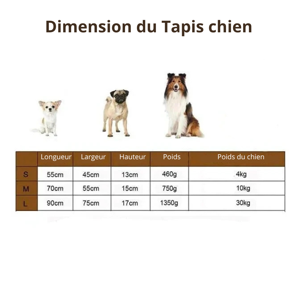 Tailles du tapis chien style velours de tailles S à L. Image produit Boutiquechien
