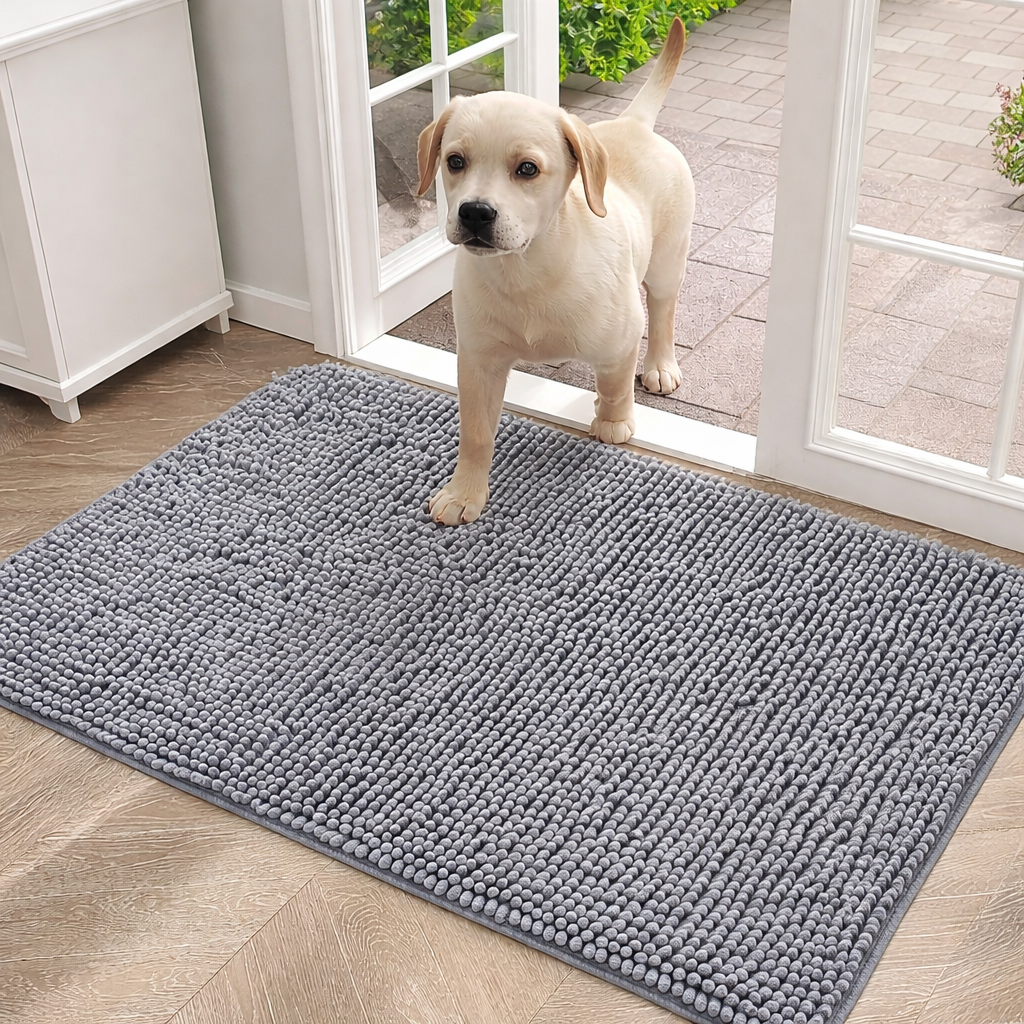 Tapis absorbant pour pattes de chien avec un chiot blanc