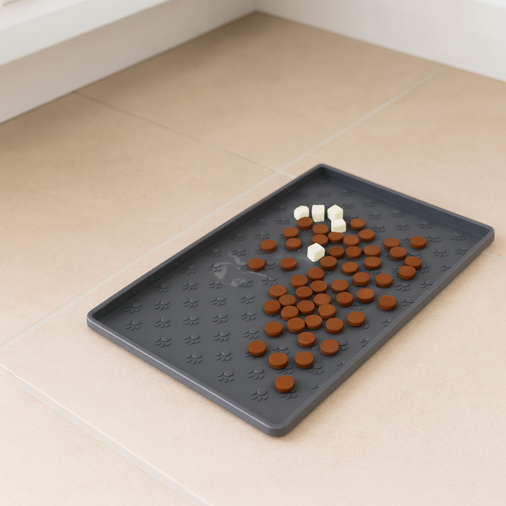 tapis anti derapant gamelle de couleur gris dans une cuisine