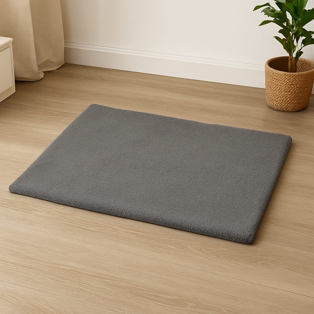 Tapis chien gris auto chauffant posé sur un sol de couleur beige. Le tapis chien est près d'une plante verte. Image produit Boutiquechien Image