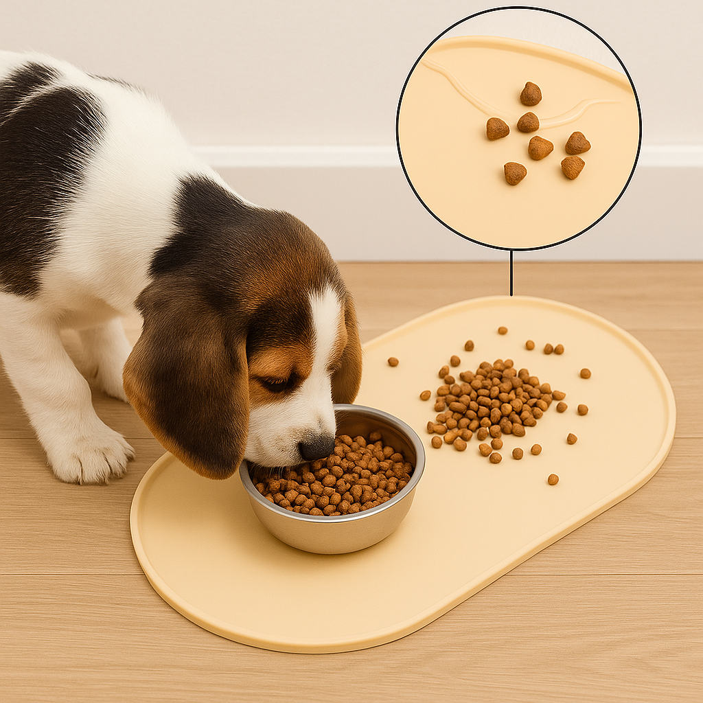 tapis beige pout gamelle avec un petit chien mangeant dans une gamelle