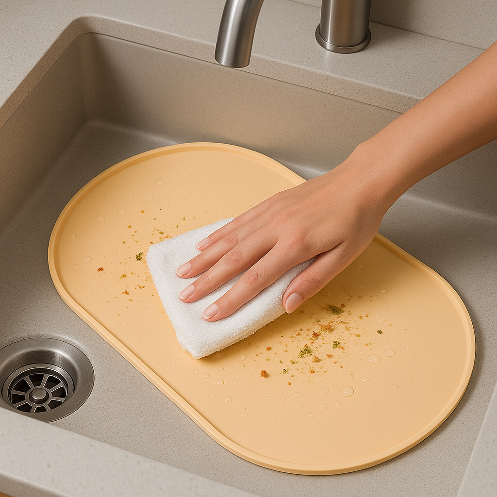 Tapis beige pour gamelle chien se faisant laver dans un évier de couleur gris