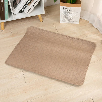 Tapis chien de couleur beige posé sur un sol de couleur claire. Le tapis chien absorbant est parfait pour les chiens. Le tapis est posé près d'une nappe blanche et d'une plante verte. Image produit Boutiuqechien 
