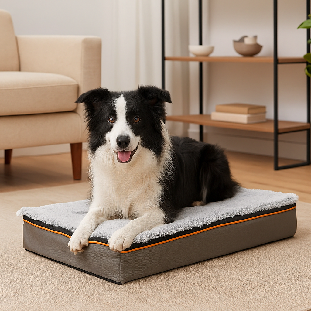 Tapis chien blanc et noir couché sur un tapis doux et moelleux de couleur gris dans un salon design de couleur claire. En fond il y a une canap blanc et une étagère design. Image produit Boutiquechien