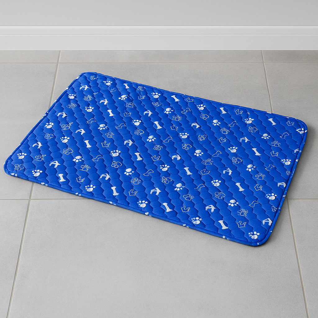 Tapis chien bleu posé sur un sol en carrelage de couleur claire. Le tapis chien est absorbant parfait pour les chiots. Image produit Boutiquechien Image