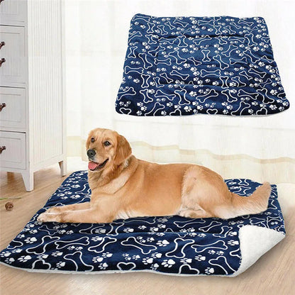 tapis moelleux pour chien de couleur bleu et blanc donc. Le chine est de couleur blanc foncé posé près d'une commode blanche. Image produit Boutiquechien