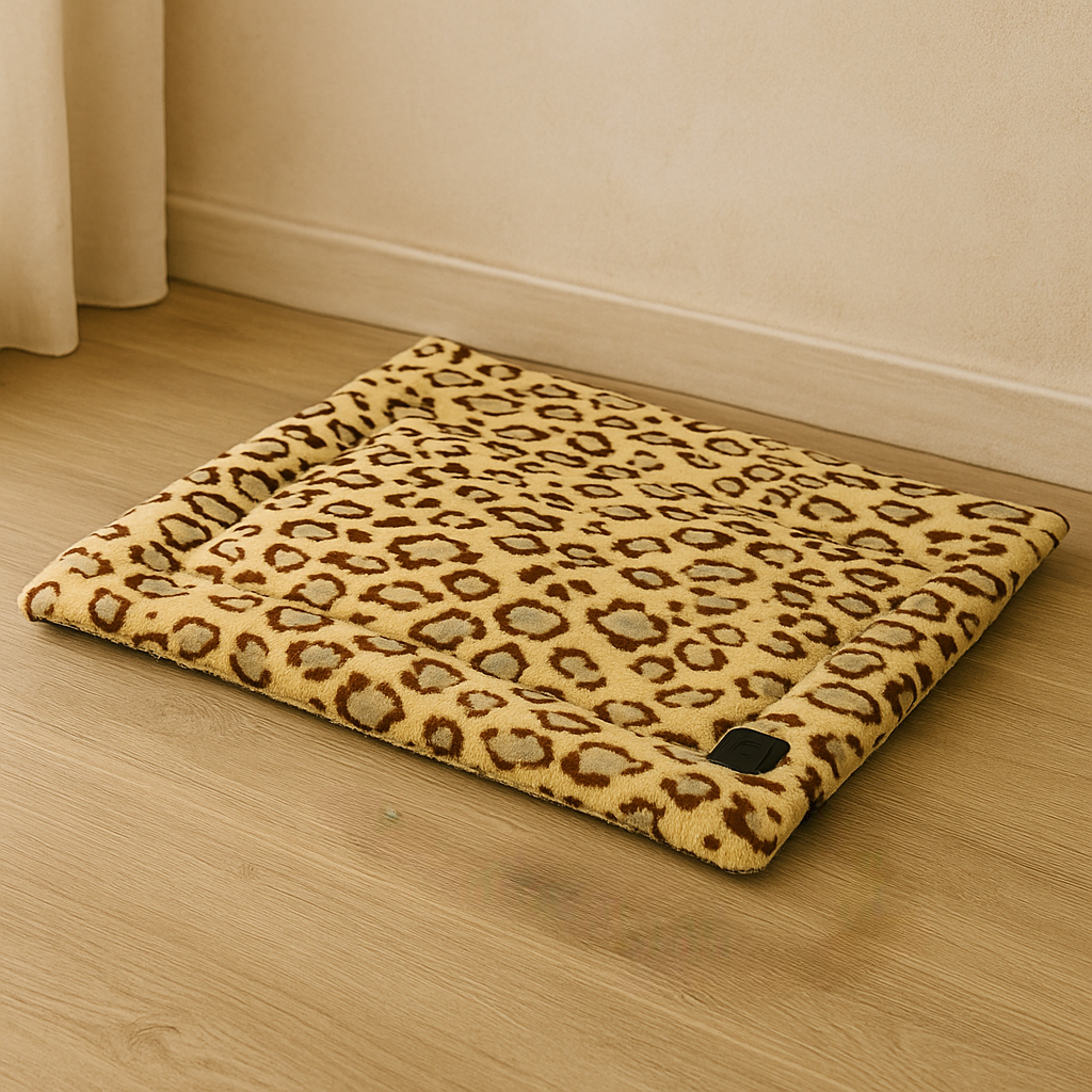 Tapis chien chauffant electrique posé dans une pièce claire. Le tapis chien chauffant est de couleur léopard. Image produit Boutiquechien 