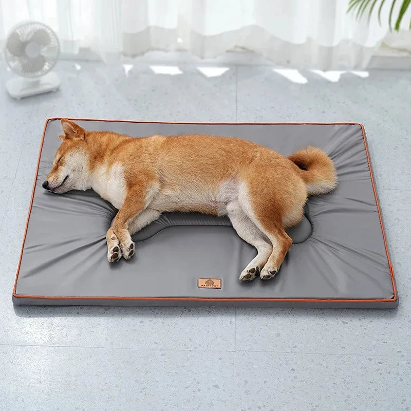 Tapis chien exterieur gris avec un shiba claire couche dessus 