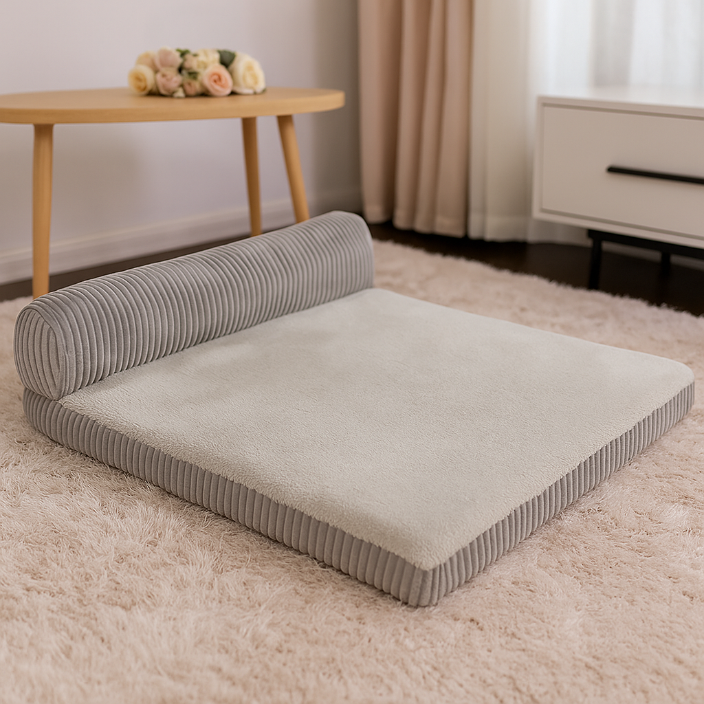 Tapis chien de couleur gris moelleux et rembourré style velours gris. Le tapis est dans un salon de couleur claire. Image produit Boutiquechien Image