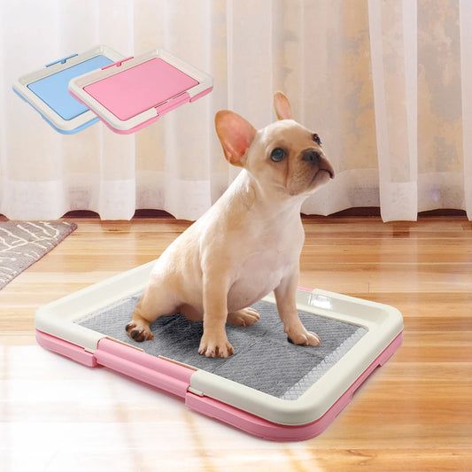 Tapis de protection pour chiot et chien de couleur rose. Un buldog est sur ce tapis chien. Image produit Boutiquechien 
