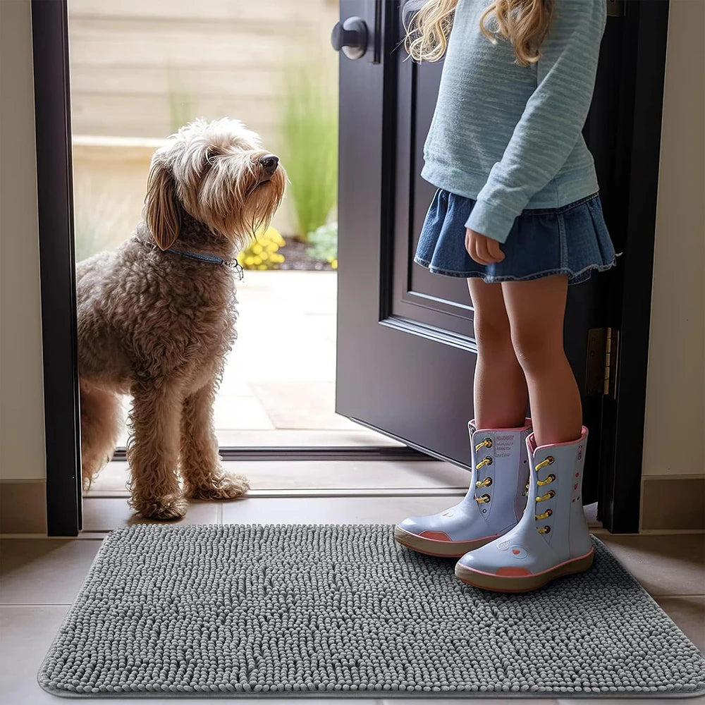 Tapis essuie patte chien avec un chien devant la porte avec une fillette devant la porte 