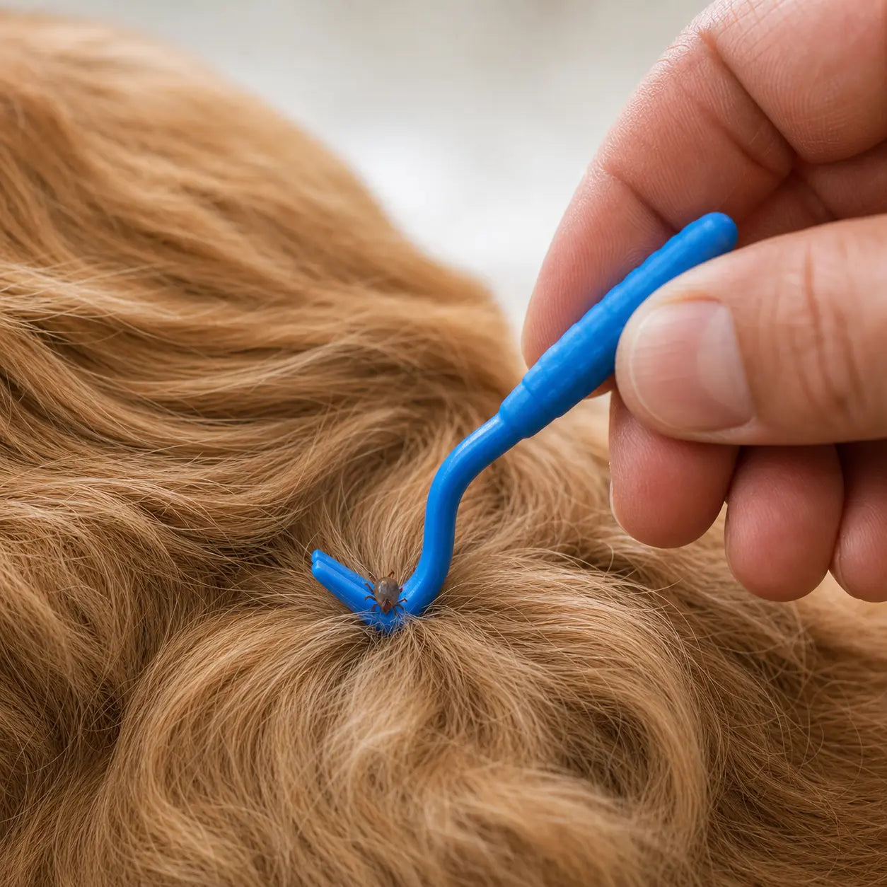 Tire tiques bleu enlevant un tique sur un chien roux Image