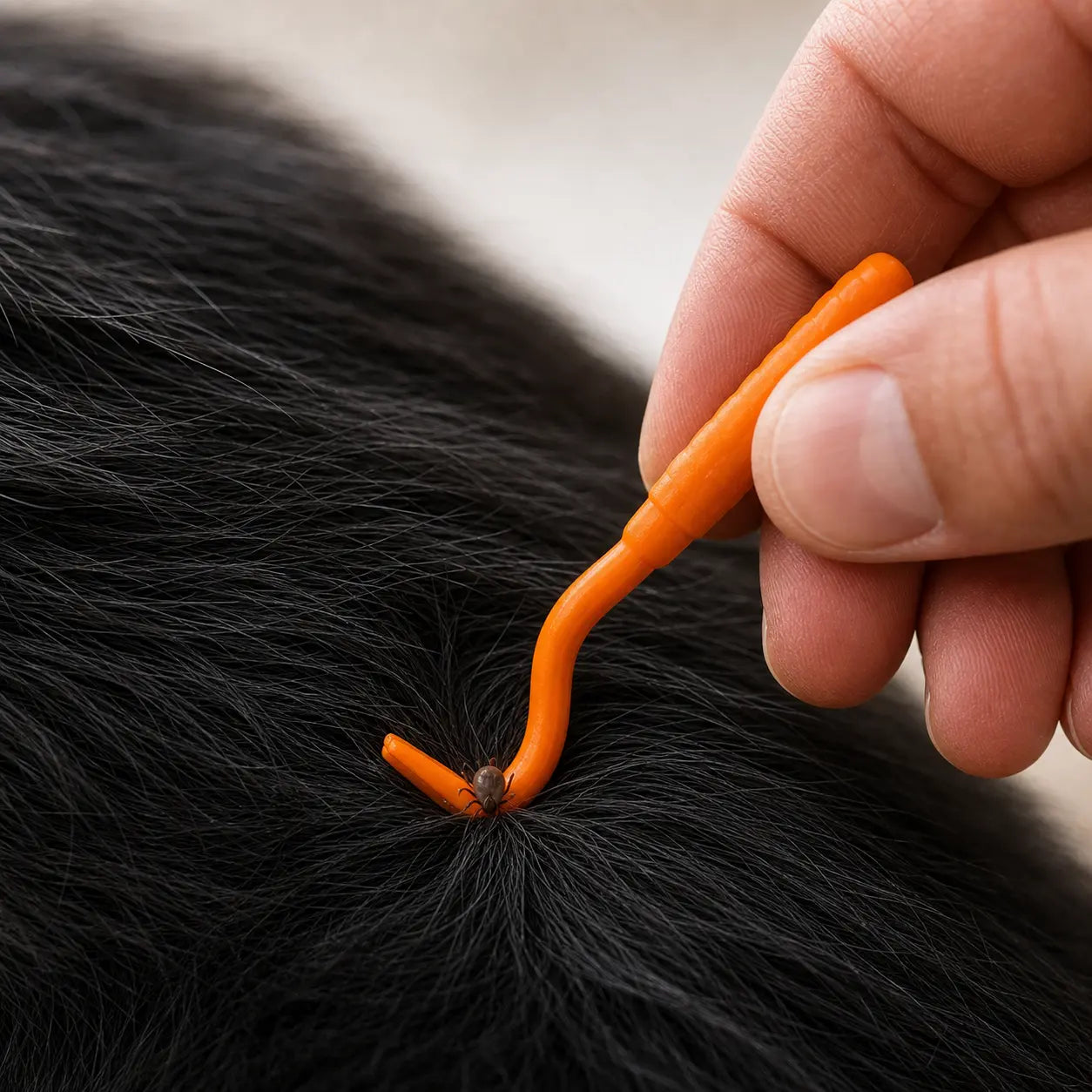 Tire tiques orange sur un chien de couleur noir  Image