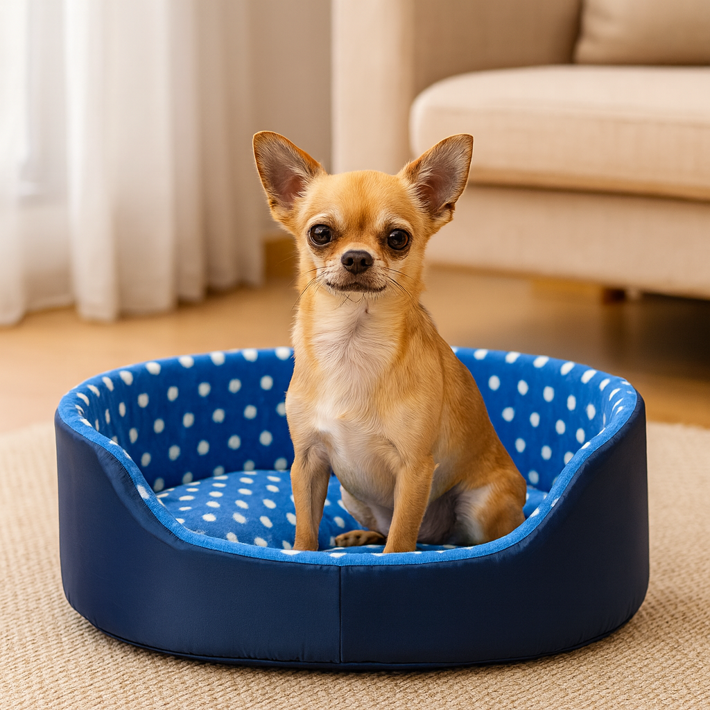 tout petit panier pour chien de couleur bleu avec des pois blanc. UN CHIhuahua est assis dans le panier pour petit chien de couleur bleu et blanc. Le panier est posé dans un salon de couleur claire avec en fond un canapé de couleur claire Image