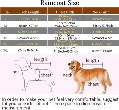 Tableau montrant toutes les dimensions de l'imper pour chien en forme de tableau. Image produit Boutiquechien