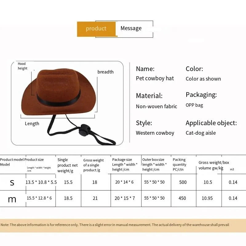 Tableau de toutes les tailles du chapeau de cow boy pour chien de boutiquechien