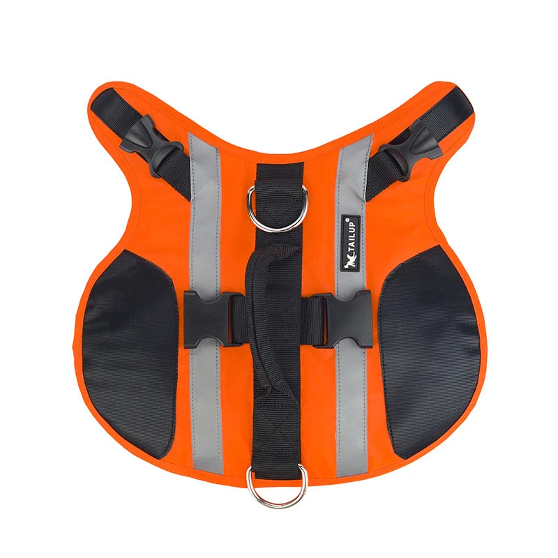 Vue du dessus du gilet de sauvetage pour chien de couleur orange et noir avec rappelle réfléchissant. Image produit Boutiquechien
