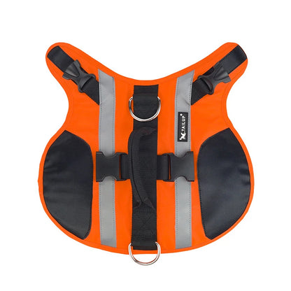 Vue du dessus du gilet de sauvetage pour chien de couleur orange et noir avec rappelle réfléchissant. Image produit Boutiquechien