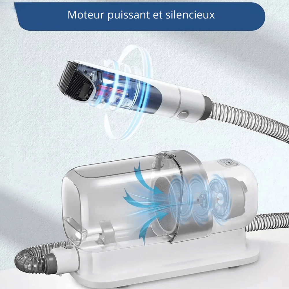 Moteur silencieux et performant pour tout les animaux avec différents accessoires comme la tondeuse sur l'image