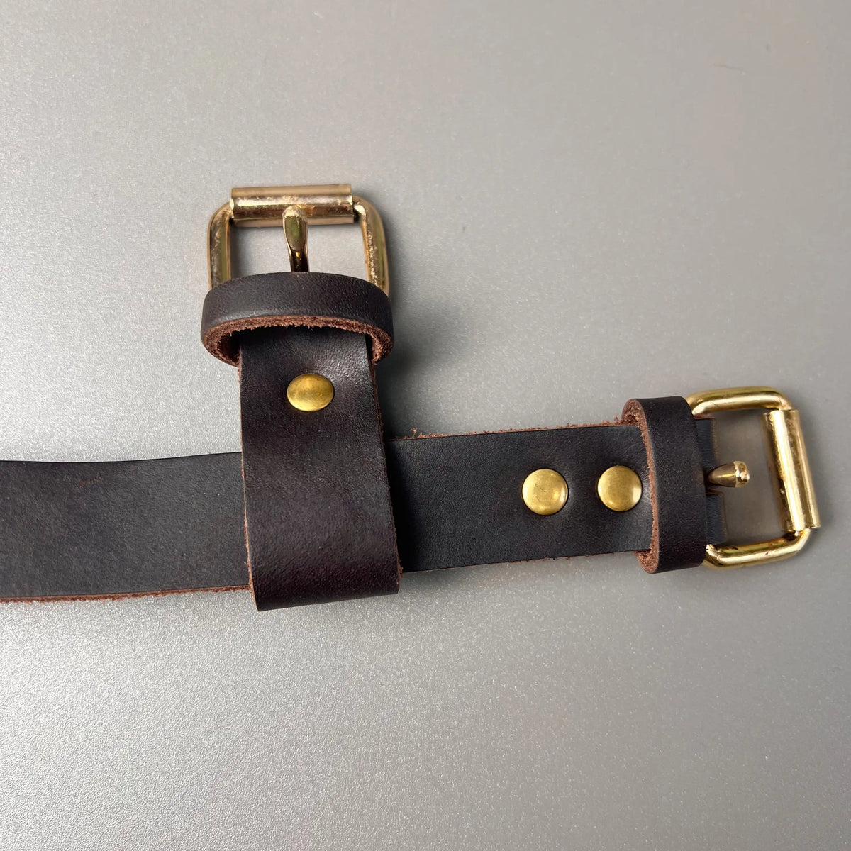 Attache pour chein en cuir foncé avec des attaches en or. Image produit Boutiquechien