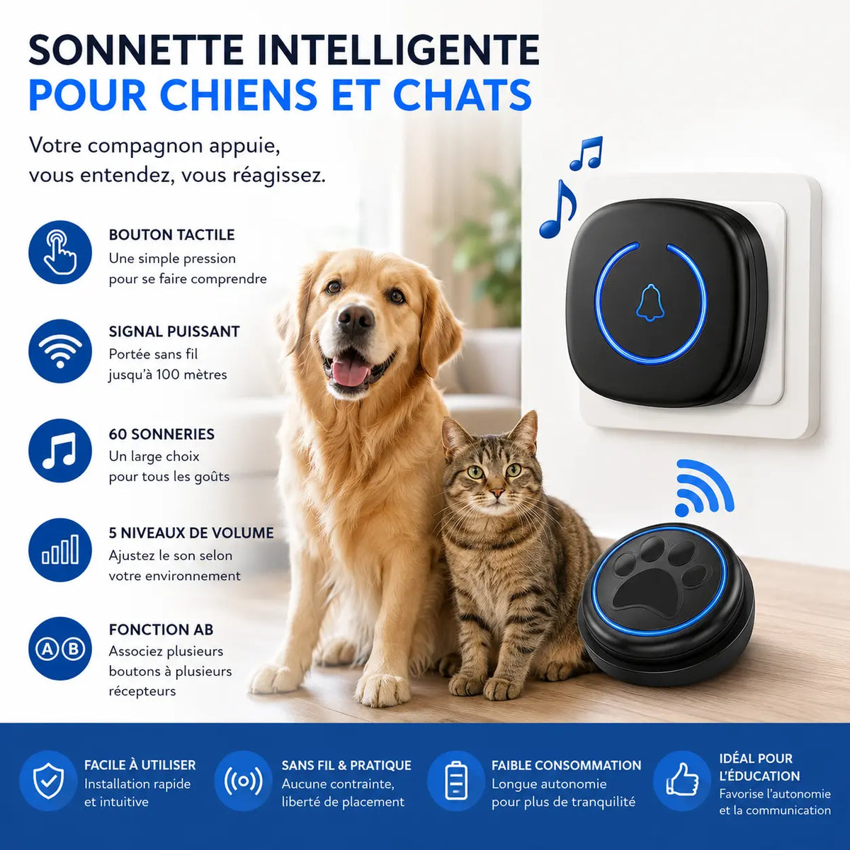 avantages de la sonnette pour chien qui est un bouton de communication pour chien avec tous les avantage produit  Image
