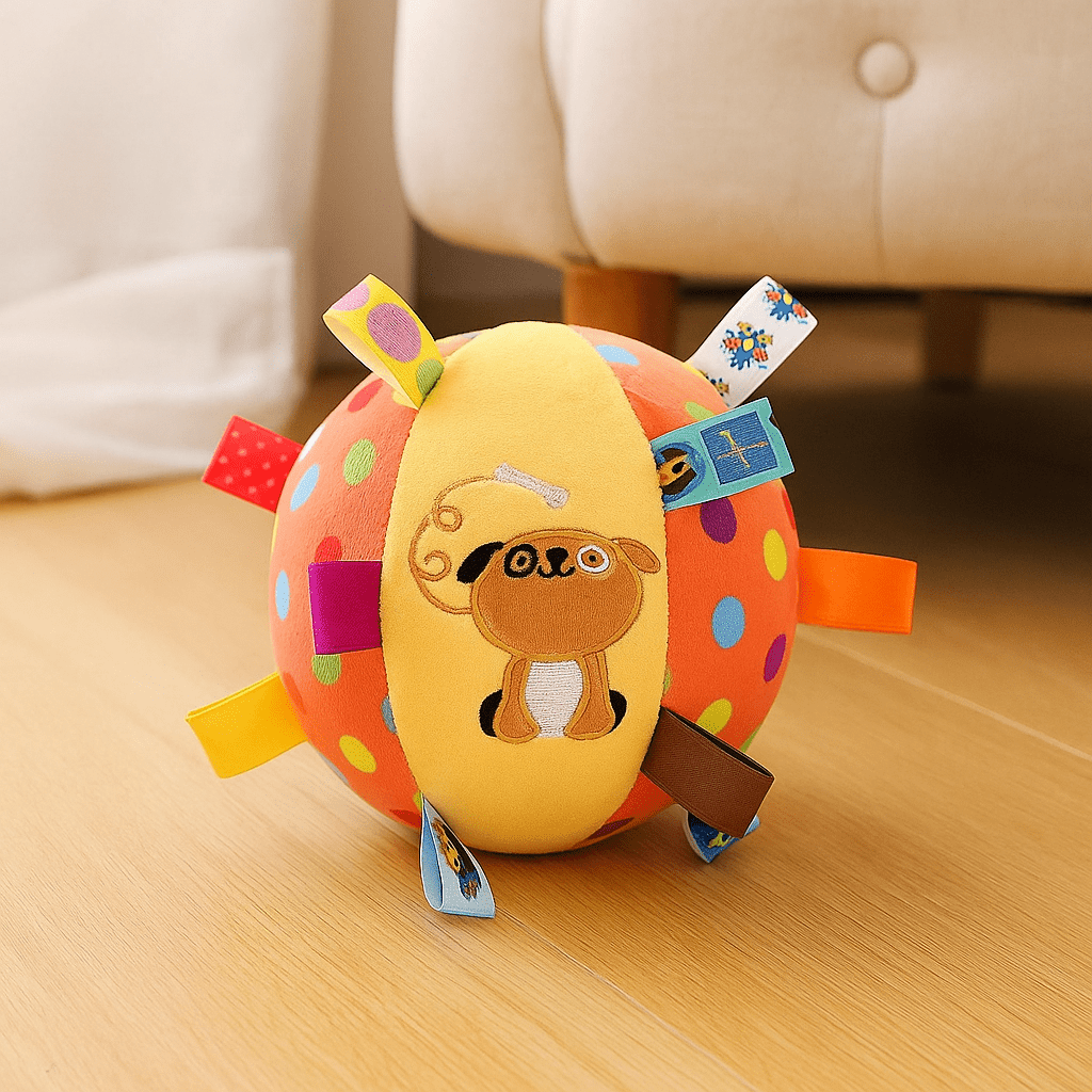 peluche chien coloré avec en fond un canapé claire sur un planché. Image produit Boutiquechien