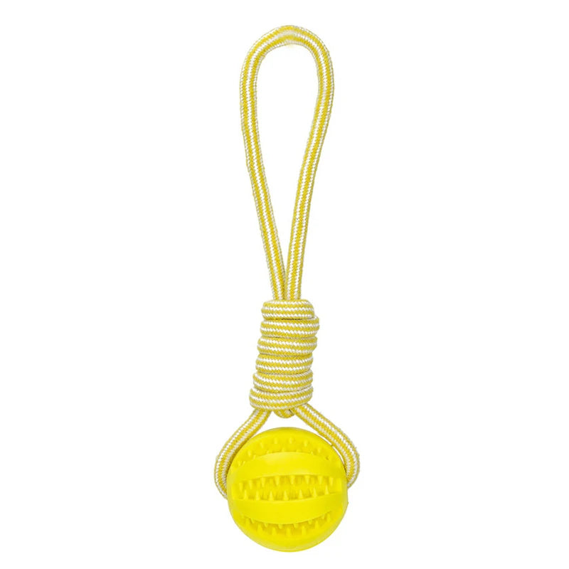 Balle à friandise de couleur jaune à corde résistant et durable. Image produit Boutiquechien