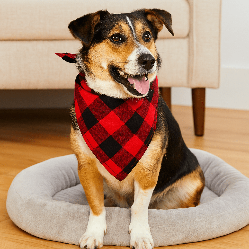 chien de taille moyenne de couleur claire portant un bandana pour chien de grande taille rouge et noir. Le chien est assis dans un petit panier pour chien de couleur gris dans un salon. Derrière le chien il y a un canapé de couleur beige avec des pieds brun. Image produit Boutiquechien