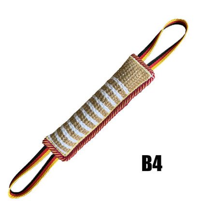 Baton de morsure pour chien de dressage avec lanière jaune, rouge et noir avec un tressage rouge et blanc. Image produit Boutiquechien