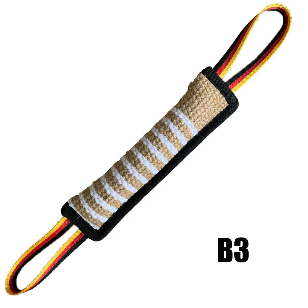 baton de morsure de couleur noir avec lanière jaune, rouge et noir. Image produit Boutiquechien