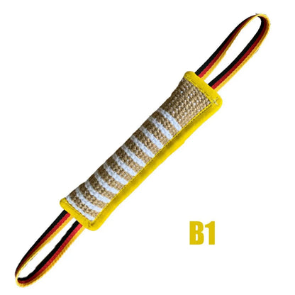 baton de morsure de couleur jaune avec lanière tricolore noir, jaune et rouge. Image produit Boutiquechien