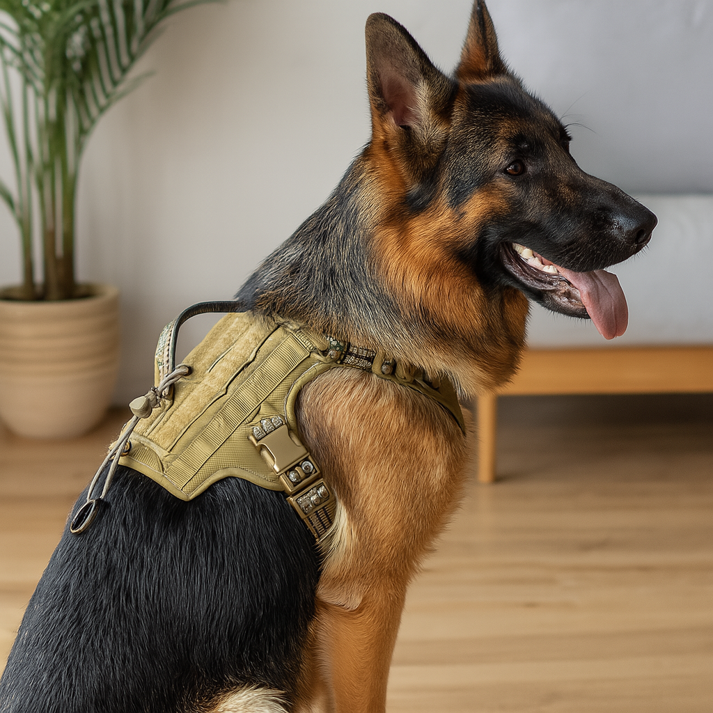 berger allemand avec un harnais pour chien résistant et durable. En fond il y a une plante verte et un lit. Image produit Boutiquechien