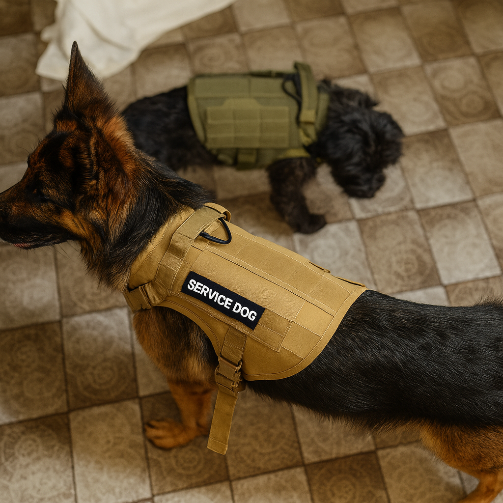 Gerger allemand de grande taille brun et noir avec un grand harnais beige de style tactique. En fond il y a un petit chien noir qui porte aussi un harnais tactique kaki