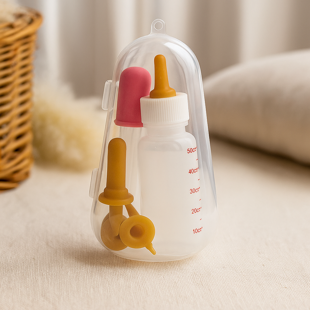 packaging de biberon chiot de couleur rose posé dans une pièce claire avec en fond un panier en osier et un oreiller blanc. Image produit Boutiquechien Image