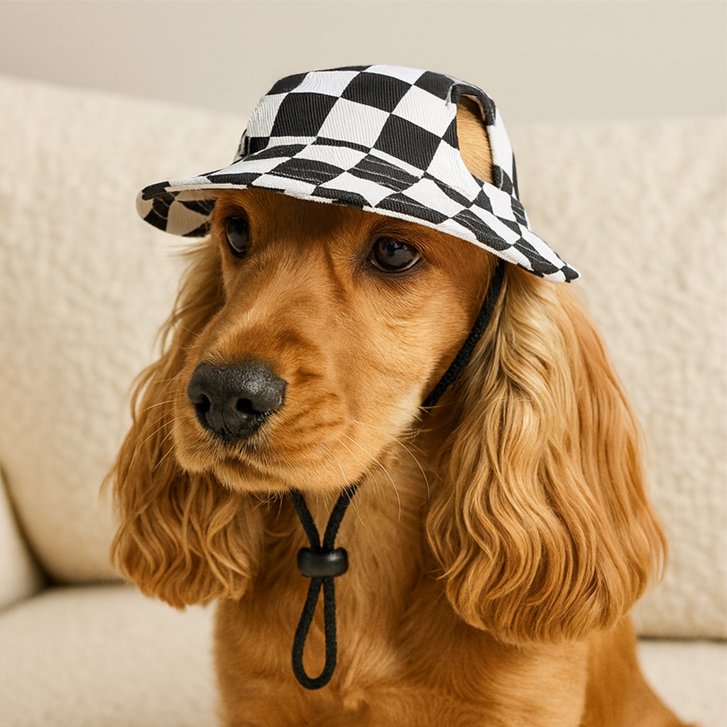 Cocker de couleur roux portant un bob pour chien de couleur blanc et noir a carreaux. Le chien est assis sur un canapé blanc. Image produit Boutiquechien Image