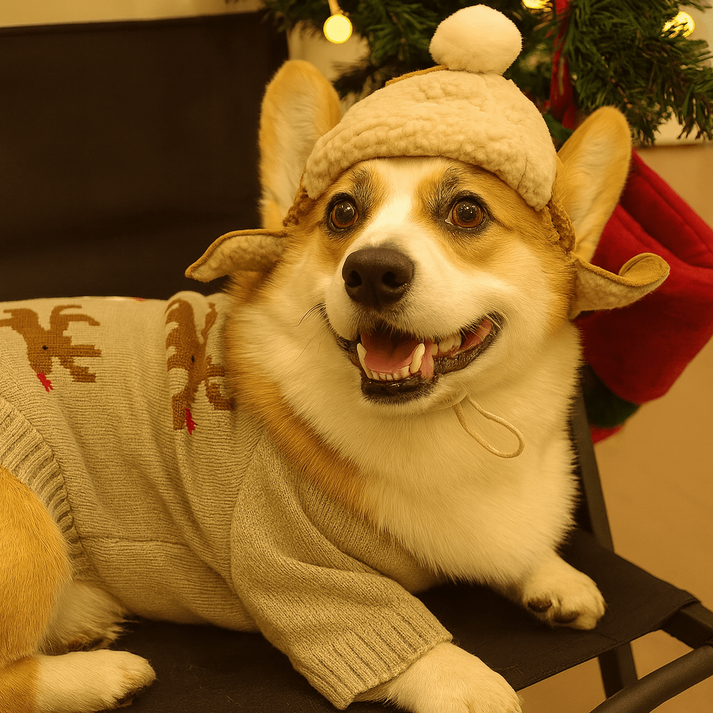 Chien de taille moyenne de couleur blanc et brun avec en fond un sapin de Noel. Image produit Boutiquechien