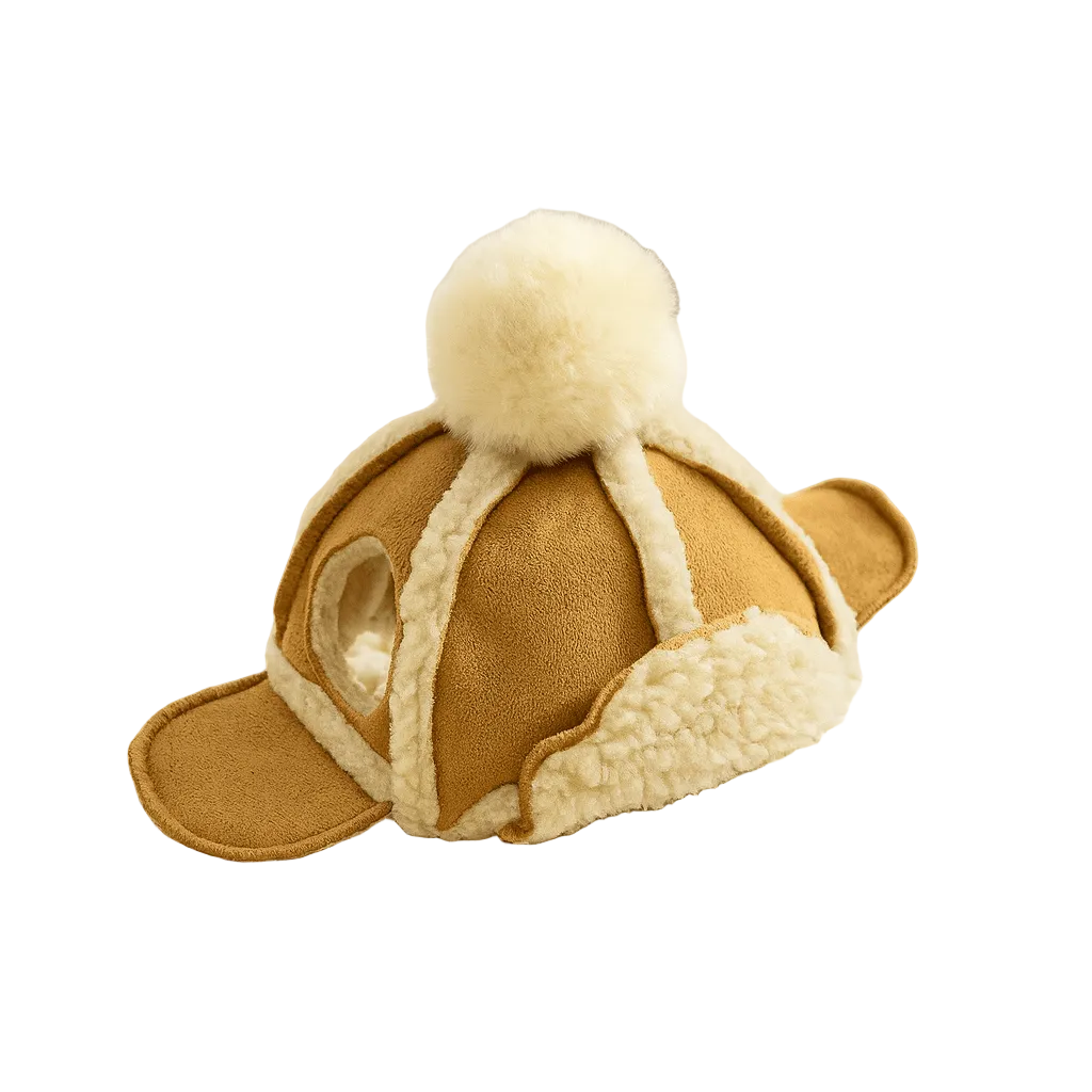 Chapeau d'hiver pour chien de couleur burn et blanc pose sur une couverture blanche avec en fond un meuble en bois de boutiquechien