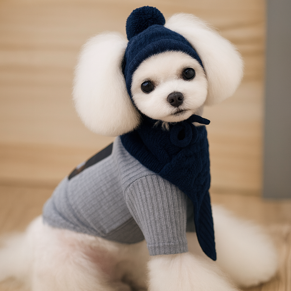 Petit chien de couleur blanc portant une écharpe et un bonnet pour chien. Image produit Boutiquechien