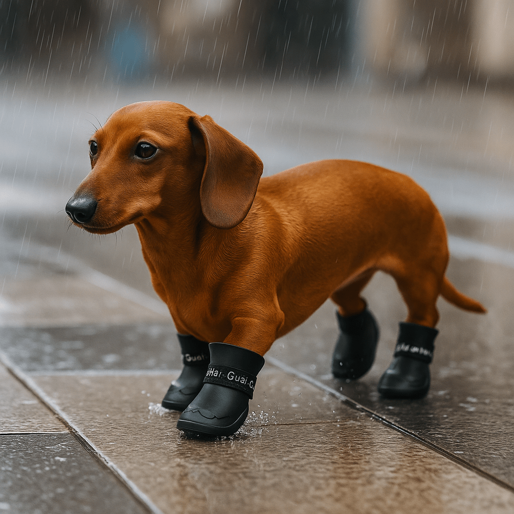 Petit chien de couleur brun portant des bottes our chiens de couleur noir dans une ville. Image produit Boutiquechien