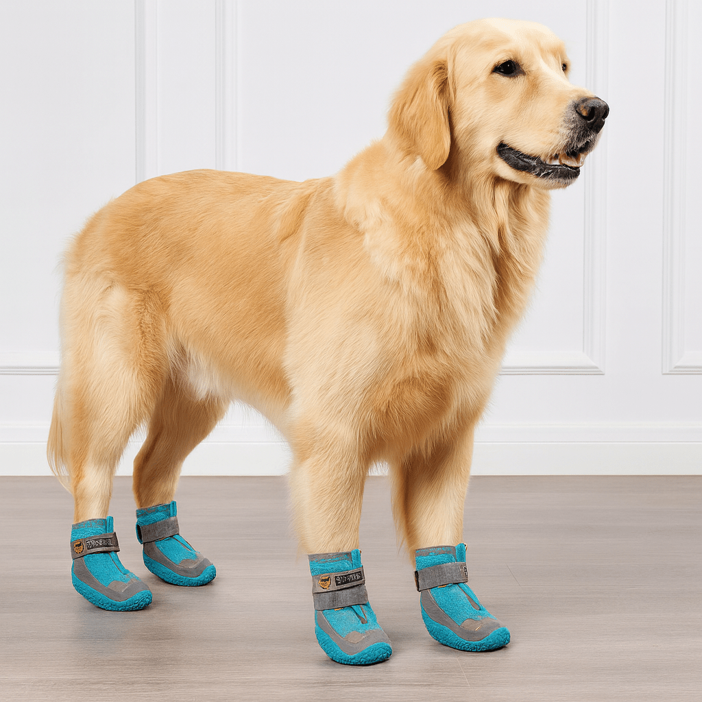 Grand chien de couleur blanc portant des bottes chaussures de couleur bleu et grise sur un parquet gris avec en fond un mur blanc. Image produit Boutiquechien
