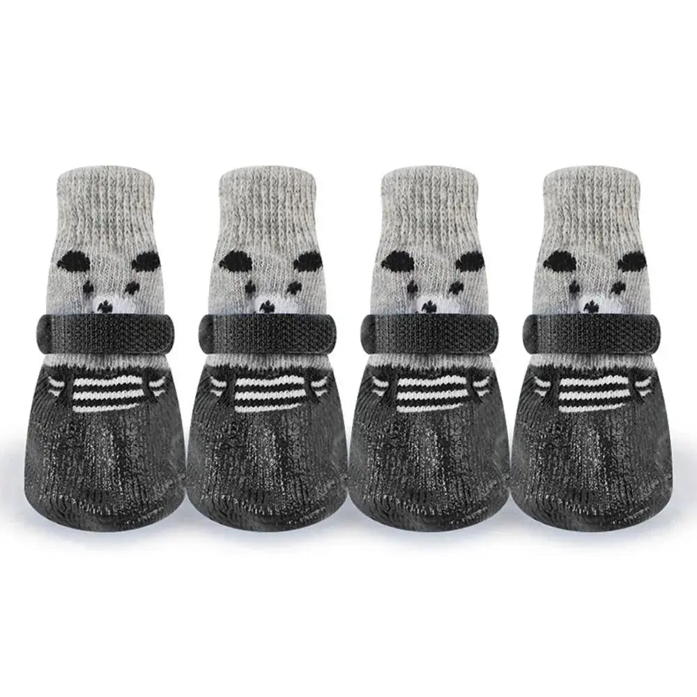 Chaussette botte pour chien de couleur gris et noir avec des oursons dessus. Image produit Boutiquechien