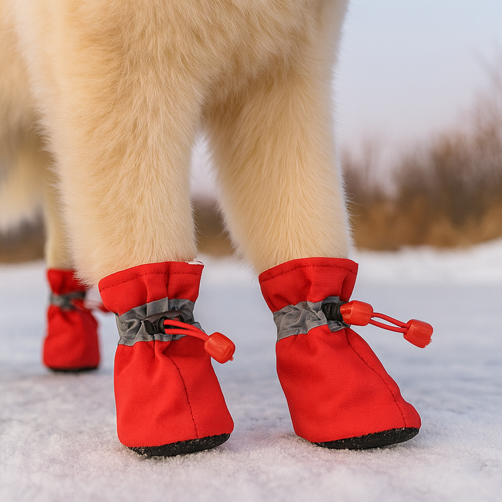 Bootes pour chien d'hiver de couleur rouge marchant sur la neige blanche. Les bottes sont portés par un petit chien blanc. Image produit Boutiquechien