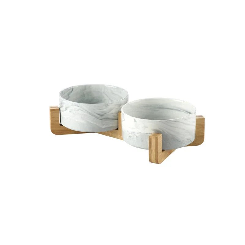 double gamelle pour chien de couleur gris avec support en bois. Image produit Boutiquechien