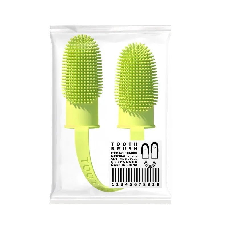 Brosse a dent double doigt de couleur jaune  dans un sachet plastique. Image produit Boutiquechien