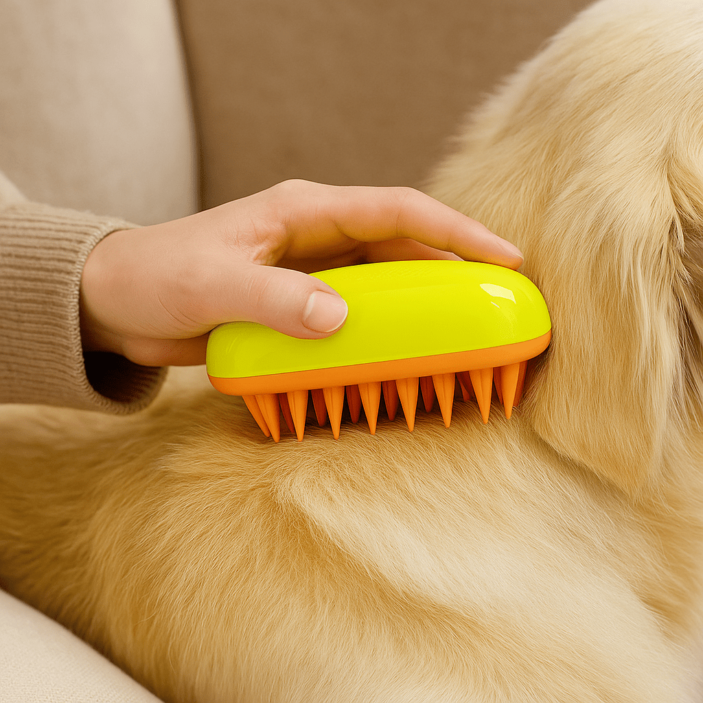 Brosse à vapeur pour chein de couleur vert et orange brossant un chien de couleur blanc sur un canapé gris. Image Produit Boutiquechien