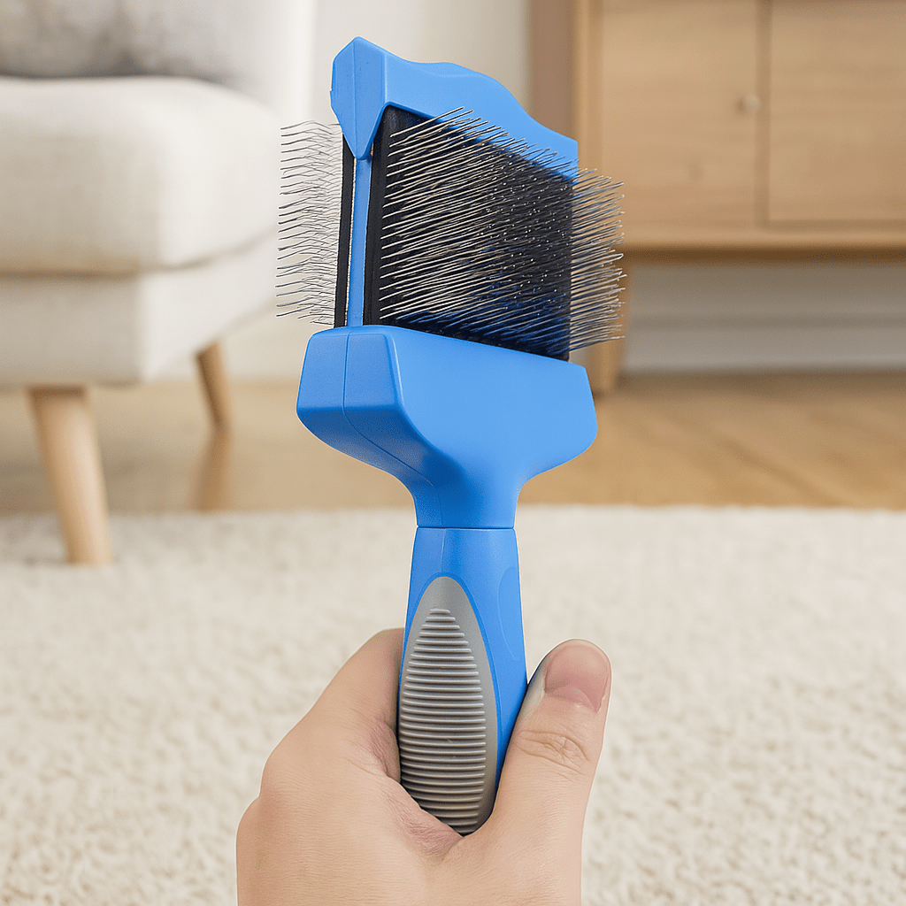 brosse chien double de couleur bleu avec en fond un canapé de couleur gris. Image produit Boutiquechien