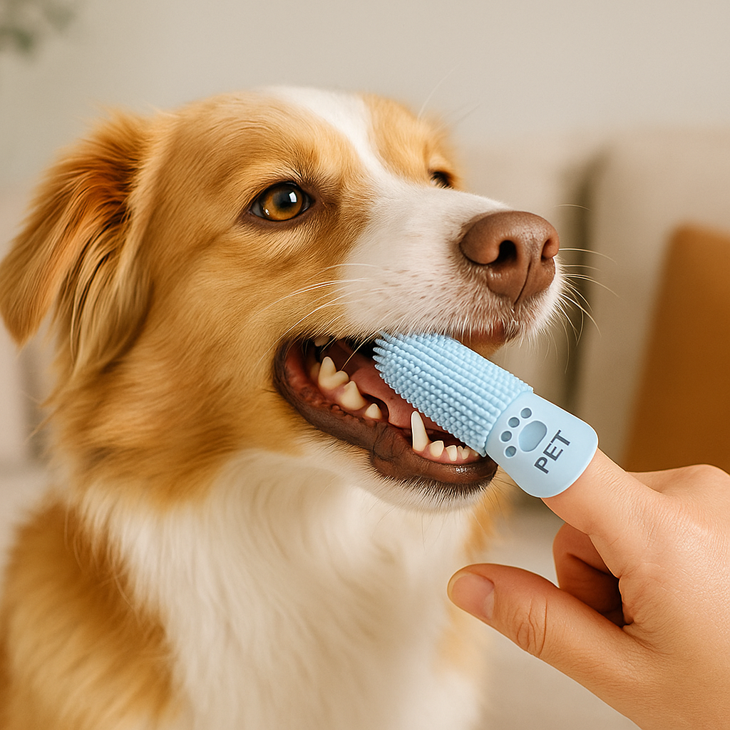 Brosse à dent pour chien 360 pour un brosse efficace. La brosse à dent se met au bout du doigt et sur cette brosse en caoutchouc ll y a écrit "Pet". Un chien brun et blanc se fait brosser les dents avec cette brosse. Image produit Boutiquechien